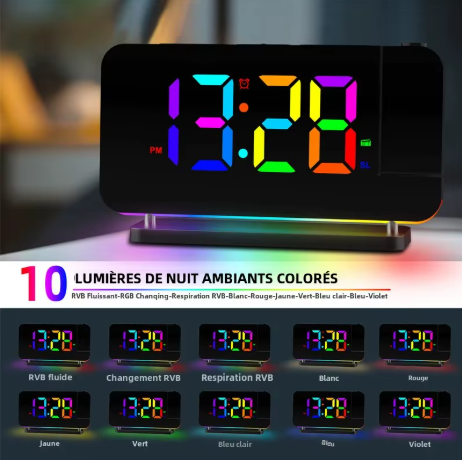 Horloge Numérique de Table LED RGB – Réveil Multifonction avec Chargeur Sans Fil et Projection