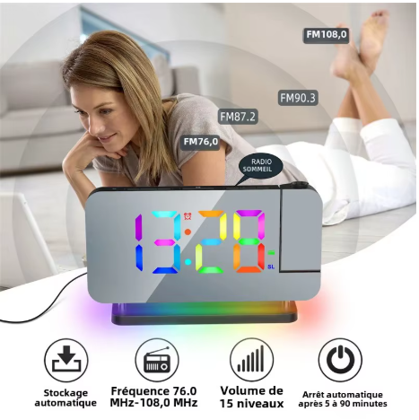 Horloge Numérique de Table LED RGB – Réveil Multifonction avec Chargeur Sans Fil et Projection