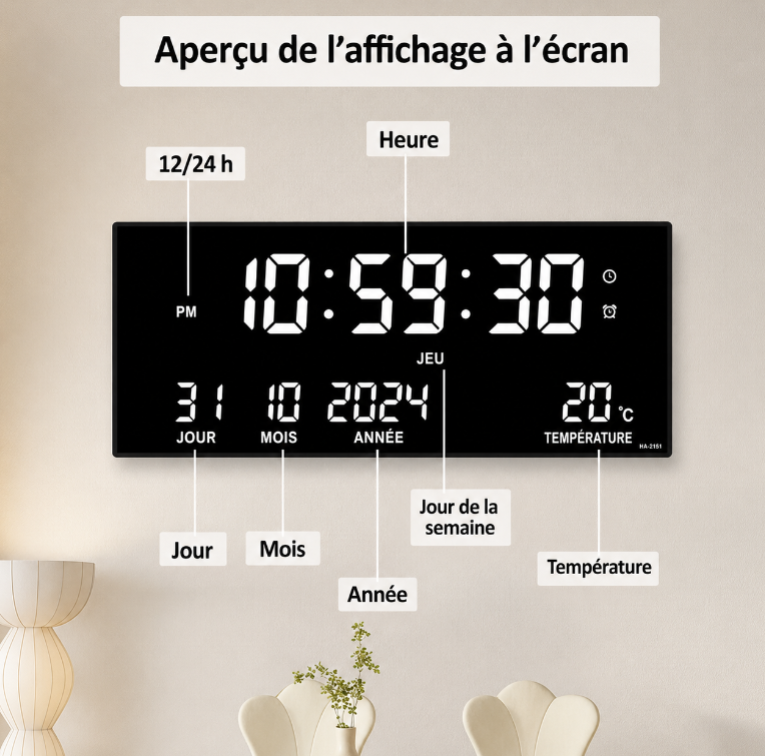 Grande Horloge Murale Numérique LED 15 Pouces – Affichage XXL avec Date et Température