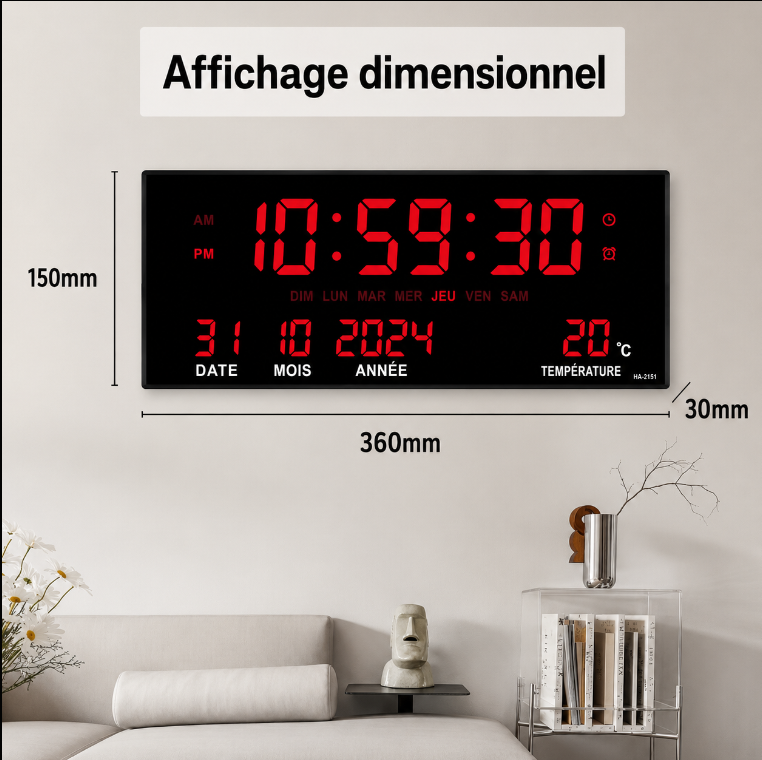 Grande Horloge Murale Numérique LED 15 Pouces – Affichage XXL avec Date et Température