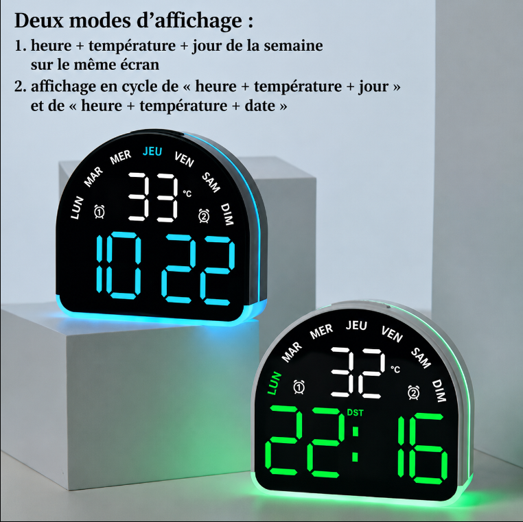 Horloge Numérique de Table LED – Design Arrondi avec Affichage Vert, Date et Température