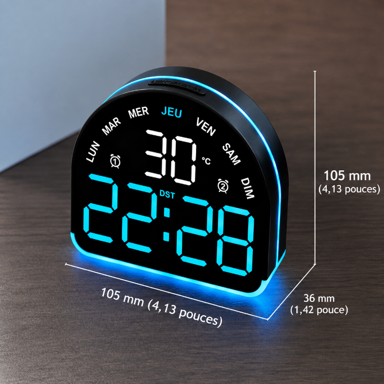 Horloge Numérique de Table LED – Design Arrondi avec Affichage Vert, Date et Température