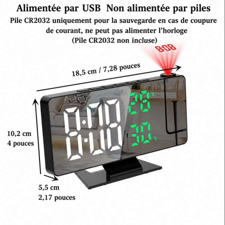 Horloge Numérique de Table LED – Écran Miroir avec Projection de l'Heure et Température