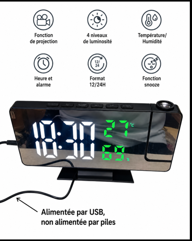 Horloge Numérique de Table LED – Écran Miroir avec Projection de l'Heure et Température