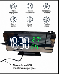 Horloge Numérique de Table LED – Écran Miroir avec Projection de l'Heure et Température