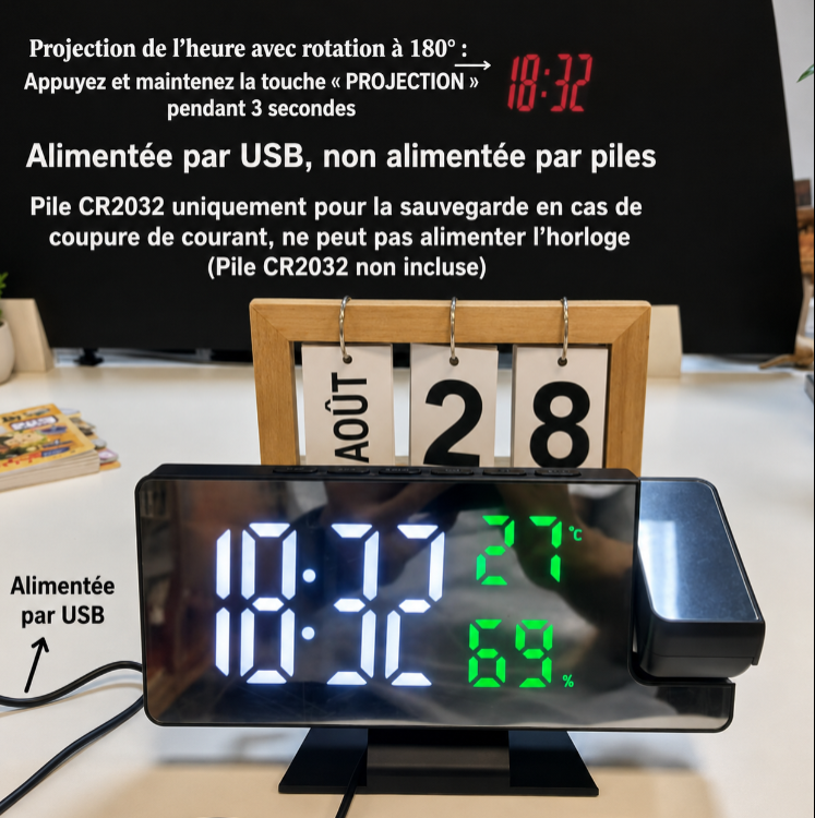 Horloge Numérique de Table LED – Écran Miroir avec Projection de l'Heure et Température