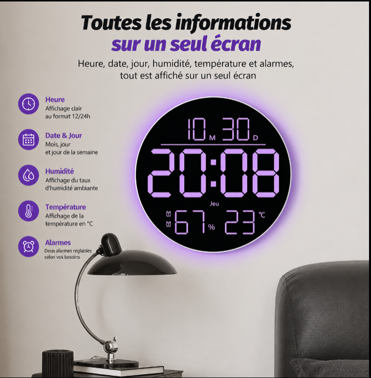 Horloge Murale Numérique LED Ronde RGB – Affichage Multicolore avec Date et Température