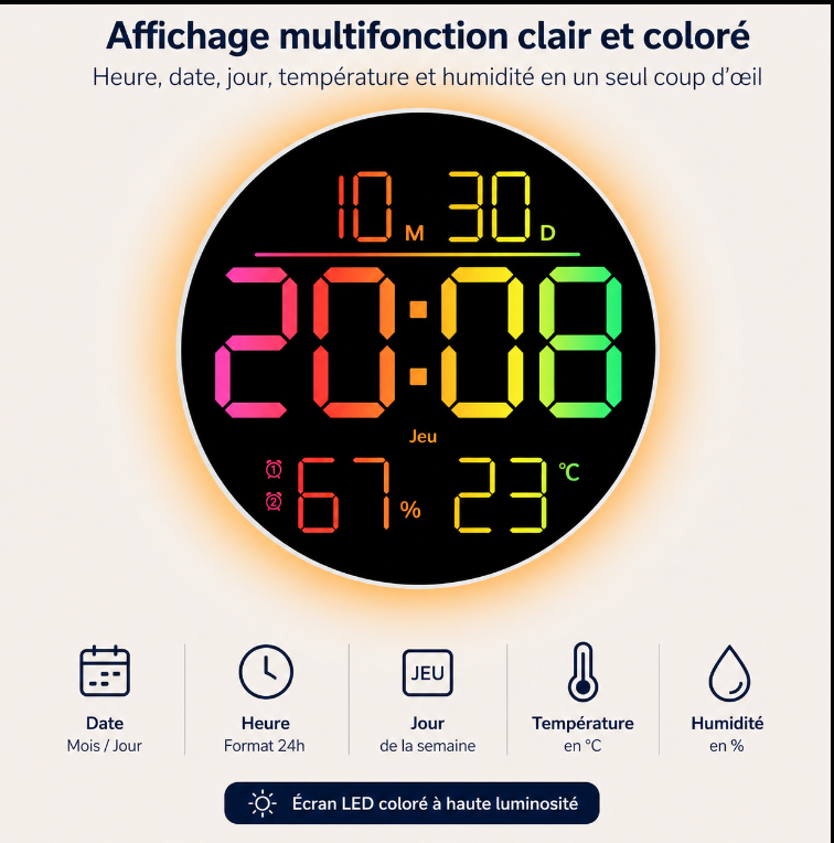 Horloge Murale Numérique LED Ronde RGB – Affichage Multicolore avec Date et Température