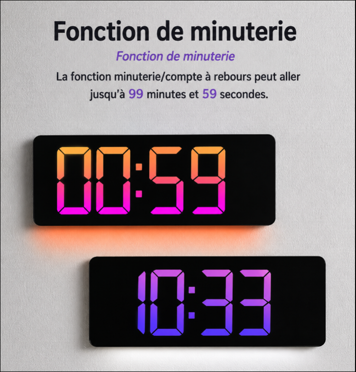 Grande Horloge Murale Numérique LED 16 Pouces – RGB Multicolore