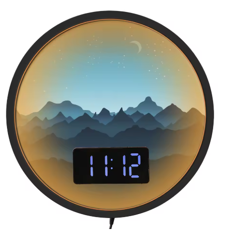 Horloge Numérique Murale LED - Paysage Montagneux avec Éclairage d'Ambiance