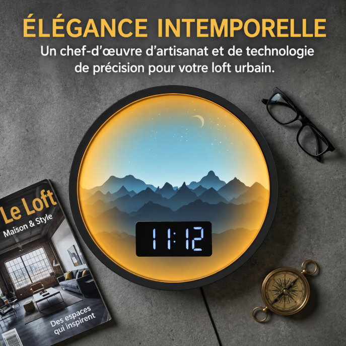 Horloge Numérique Murale LED - Paysage Montagneux avec Éclairage d'Ambiance