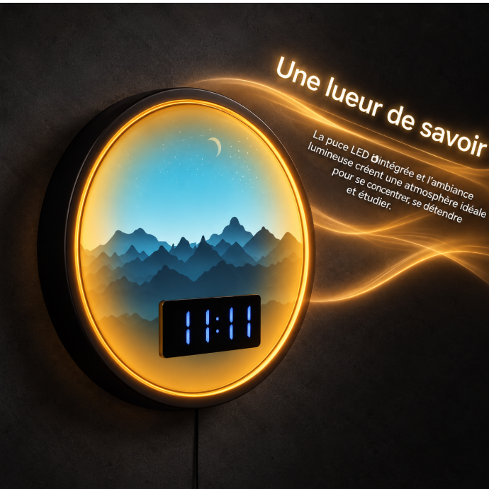 Horloge Numérique Murale LED - Paysage Montagneux avec Éclairage d'Ambiance