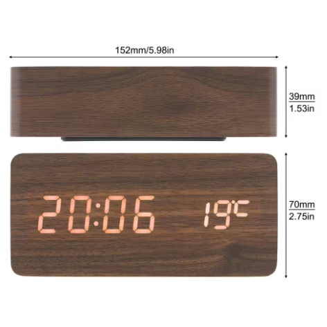 Horloge Numérique LED Effet Bois avec Température