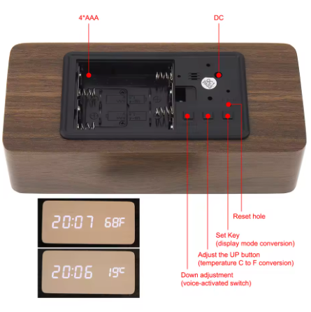 Horloge Numérique LED Effet Bois avec Température