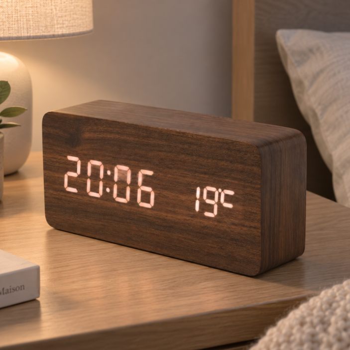 Horloge Numérique LED Effet Bois avec Température