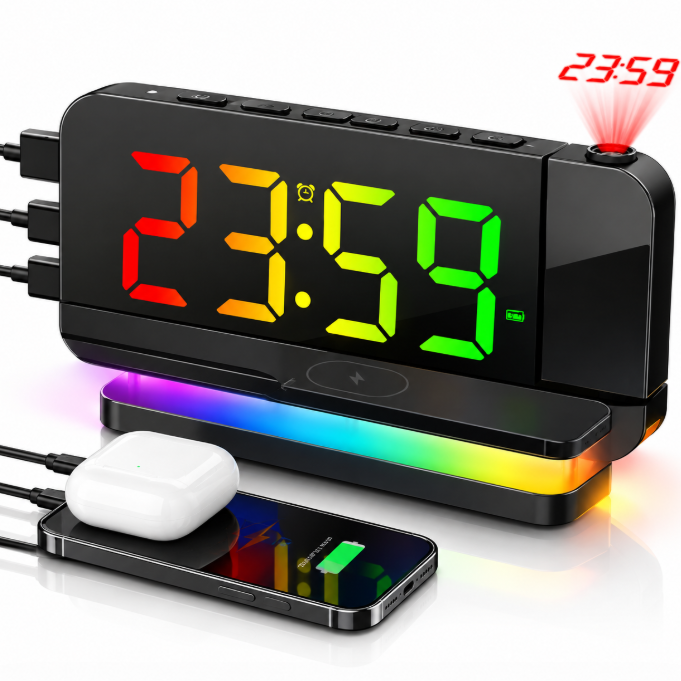 Horloge Numérique de Table LED RGB – Réveil Multifonction avec Chargeur Sans Fil et Projection
