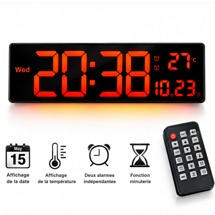 Grande Horloge Murale Numérique LED 16 Pouces – RGB Multicolore