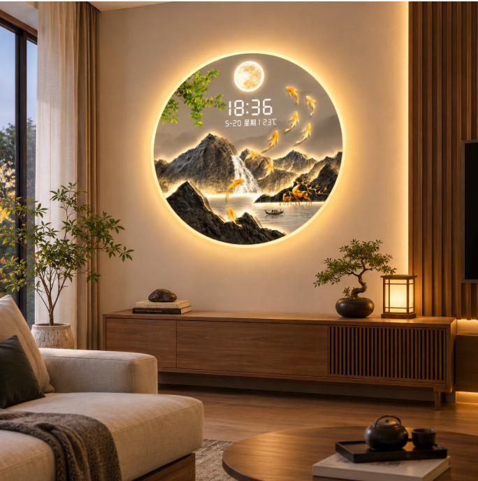 Horloge Murale Numérique LED Ronde – Décor Paysage Japonais avec Veilleuse Lumineuse