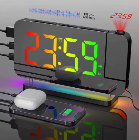 Horloge Numérique de Table LED RGB – Réveil Multifonction avec Chargeur Sans Fil et Projection