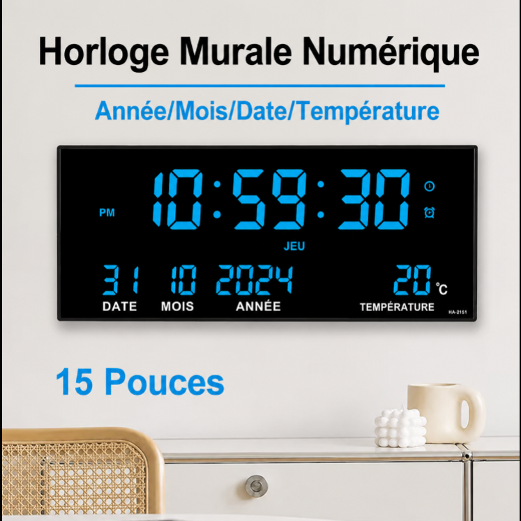 Grande Horloge Murale Numérique LED 15 Pouces – Affichage XXL avec Date et Température