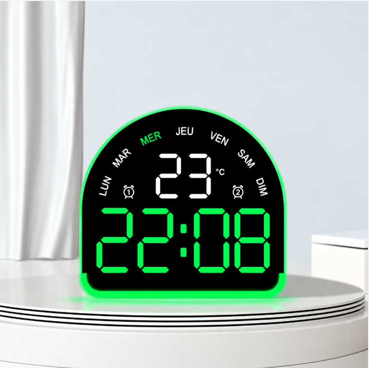 Horloge Numérique de Table LED – Design Arrondi avec Affichage Vert, Date et Température