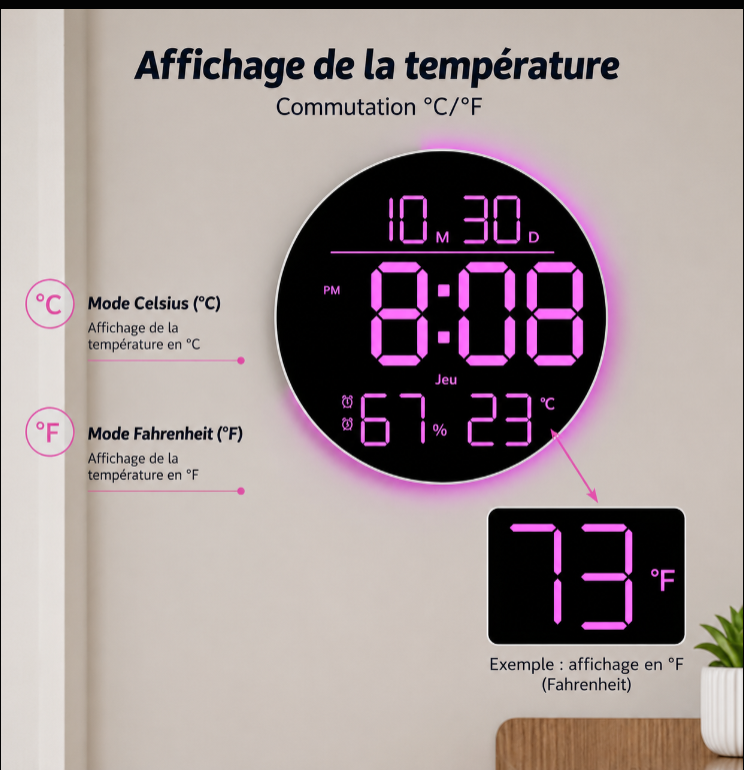 Horloge Murale Numérique LED Ronde RGB – Affichage Multicolore avec Date et Température