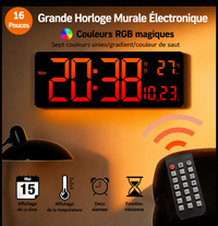 Grande Horloge Murale Numérique LED 16 Pouces – RGB Multicolore