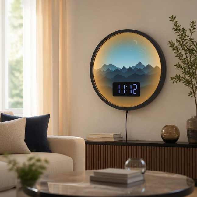 Horloge Numérique Murale LED - Paysage Montagneux avec Éclairage d'Ambiance