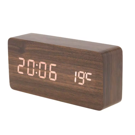 Horloge Numérique LED Effet Bois avec Température