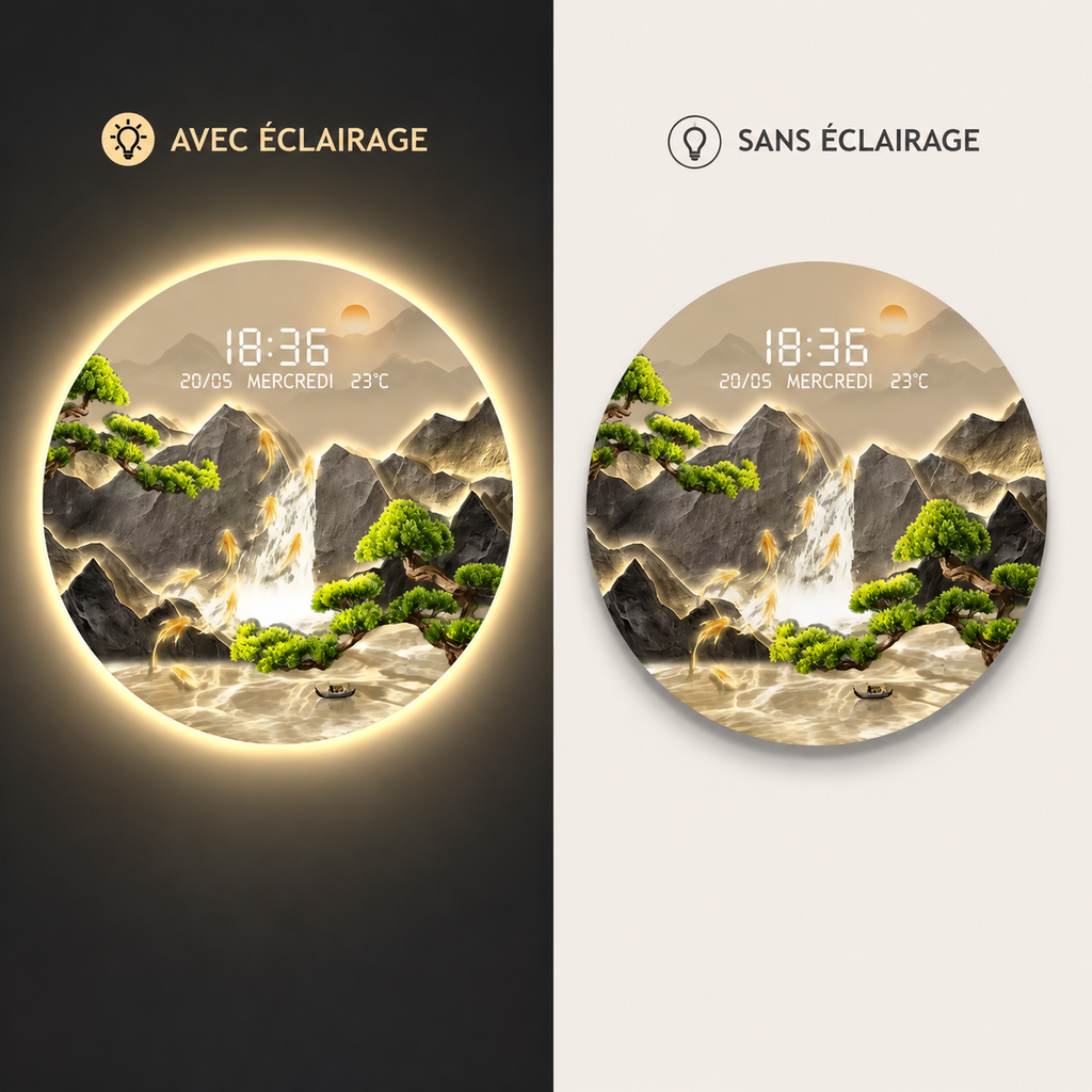 Horloge Murale Numérique LED Ronde – Décor Paysage Japonais avec Veilleuse Lumineuse