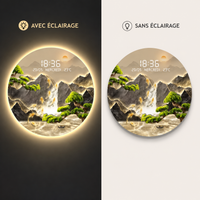 Horloge Murale Numérique LED Ronde – Décor Paysage Japonais avec Veilleuse Lumineuse