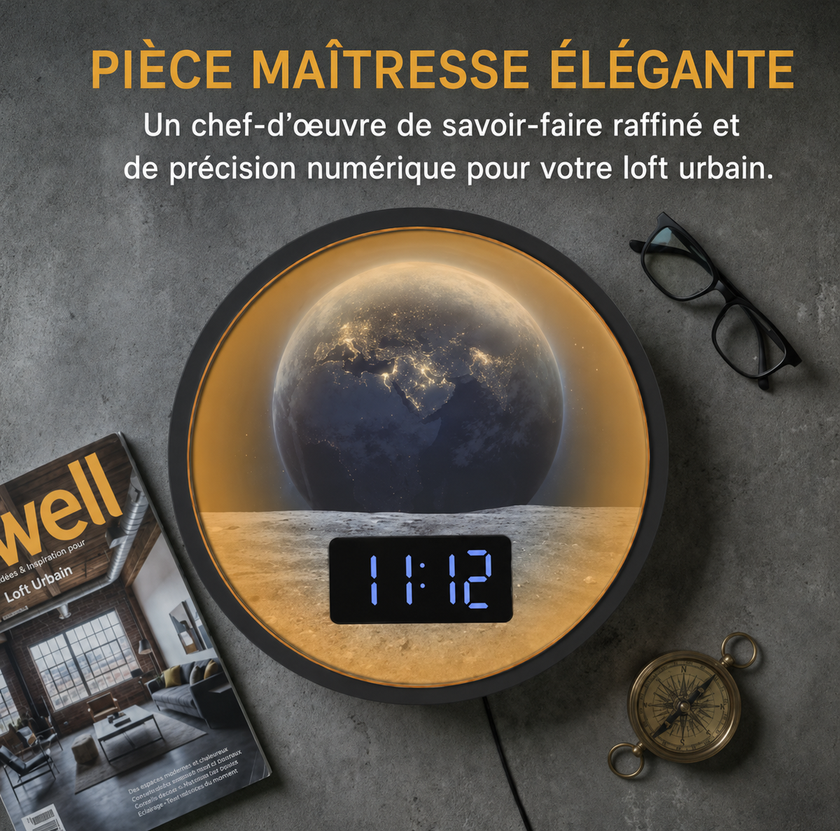 Horloge numérique murale - Vue de la Terre depuis la Lune