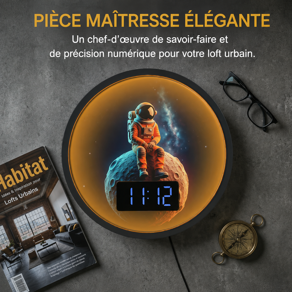 Horloge Murale Numérique LED Astronaute – Lune & Galaxie