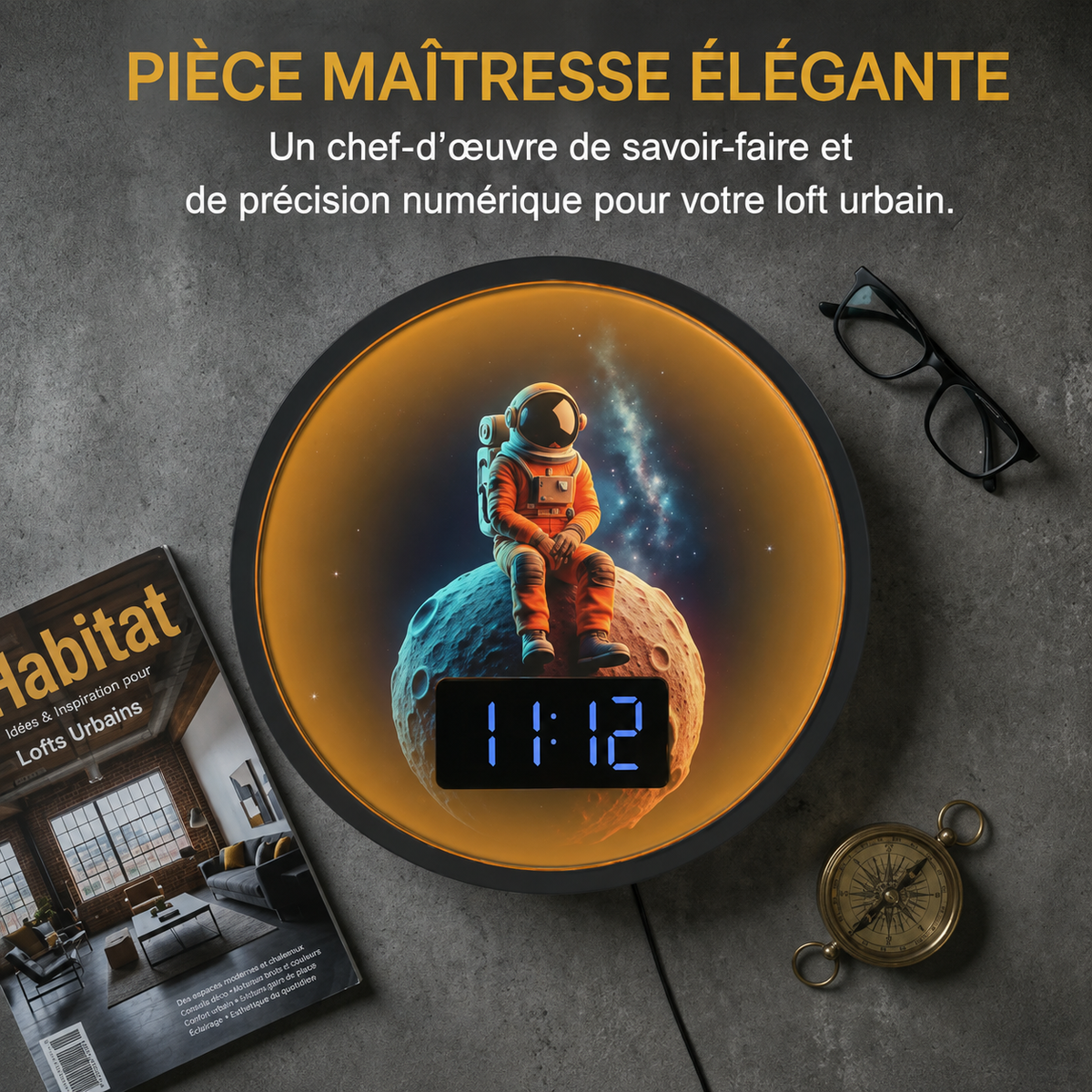 Horloge Murale Numérique LED Astronaute – Lune & Galaxie